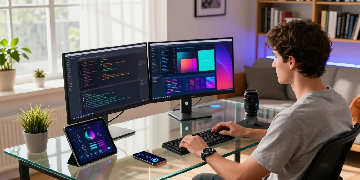 Dynamic tech workspace illustrating software development process with 456bd, featuring dual monitors, coding tools, and a modern aesthetic.