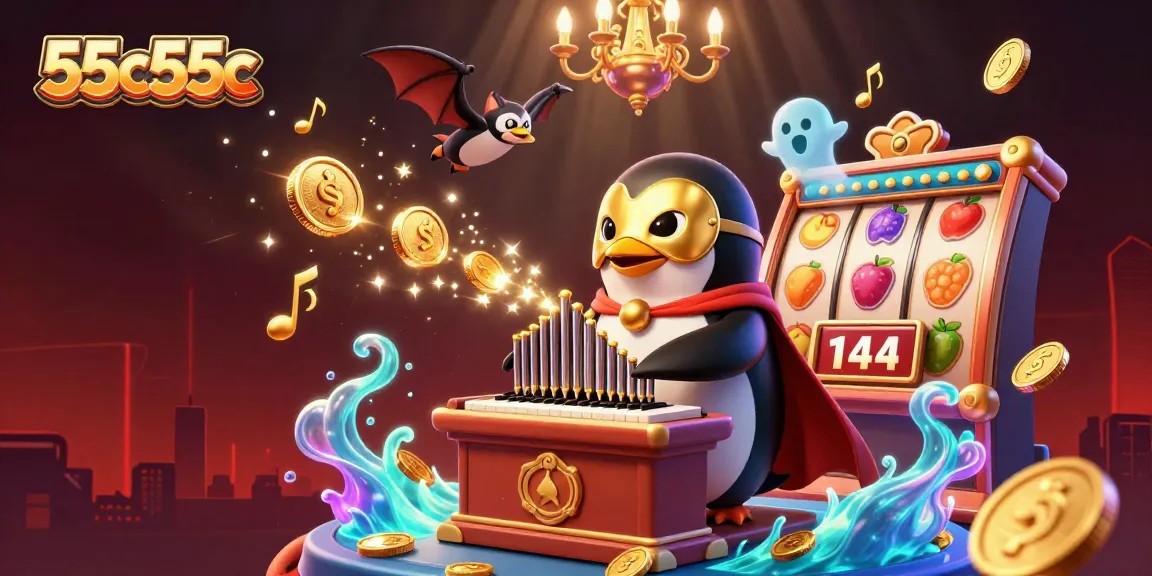 Visualize uma emocionante cena de cassino 55c55c com um pinguim fantasma tocando um órgão que solta moedas de ouro.