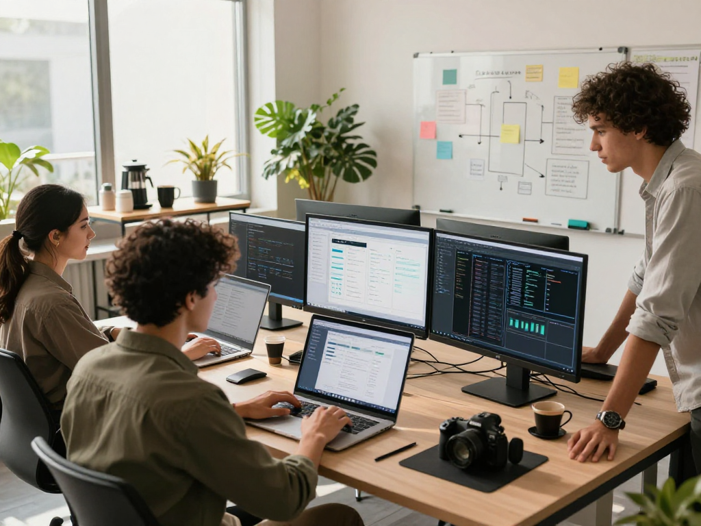 Team collaborating in a modern office showcasing hosting en Mexico services with vibrant atmosphere and high-tech tools.