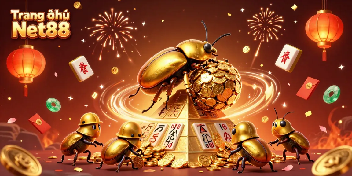 Experience excitement on Trang chủ Net88 with massive golden beetles rolling coins in a vibrant casino scene.