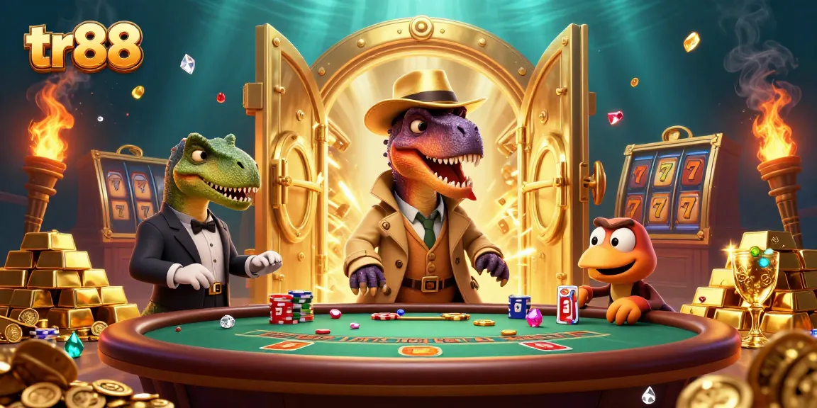Watch the tr88 velociraptor card counter sneak at a blackjack table with gold treasures around.