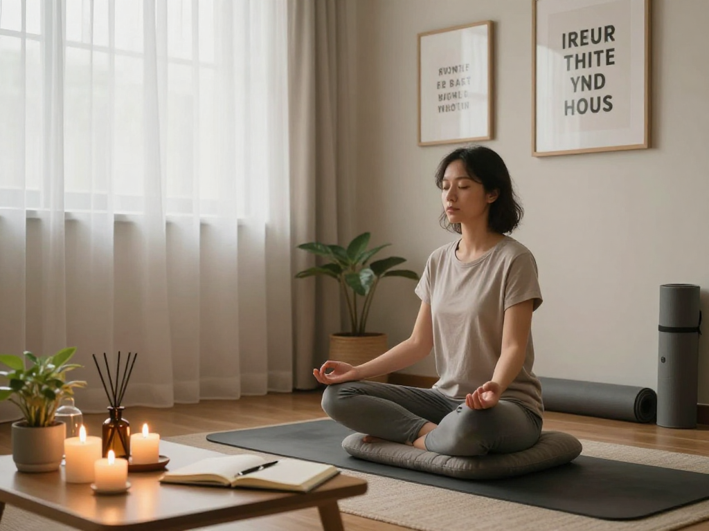 Individual meditating surrounded by calming elements for mantra88 mindfulness practice.
