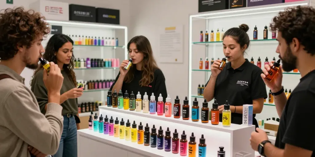 Group enjoying vape juice online shopping experience in vibrant shop.