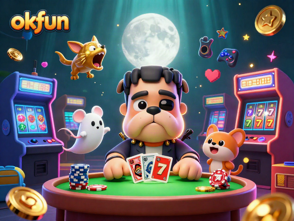 Engage with okfun's thrilling casino vibes as a cartoon Frankenstein bulldog deals cards amidst vibrant games.