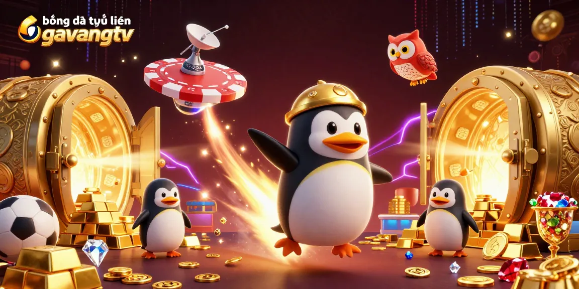 Bong đá trực tuyến gavangtv features a golden penguin and casino space station highlighting thrilling sports betting.