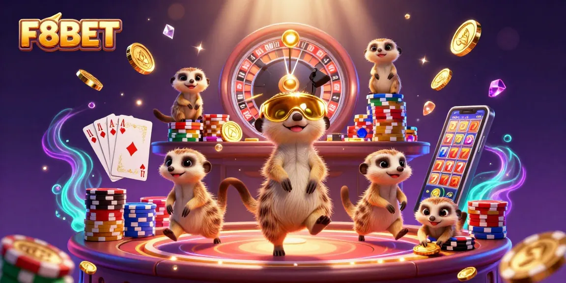 Experience thrilling gaming at F8BET with meerkats running a vibrant casino scene filled with action.