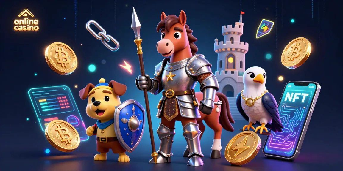 Giocare online casino mentre un cavaliere medievale e un cucciolo sorvegliano l'azione con monete di criptovaluta.