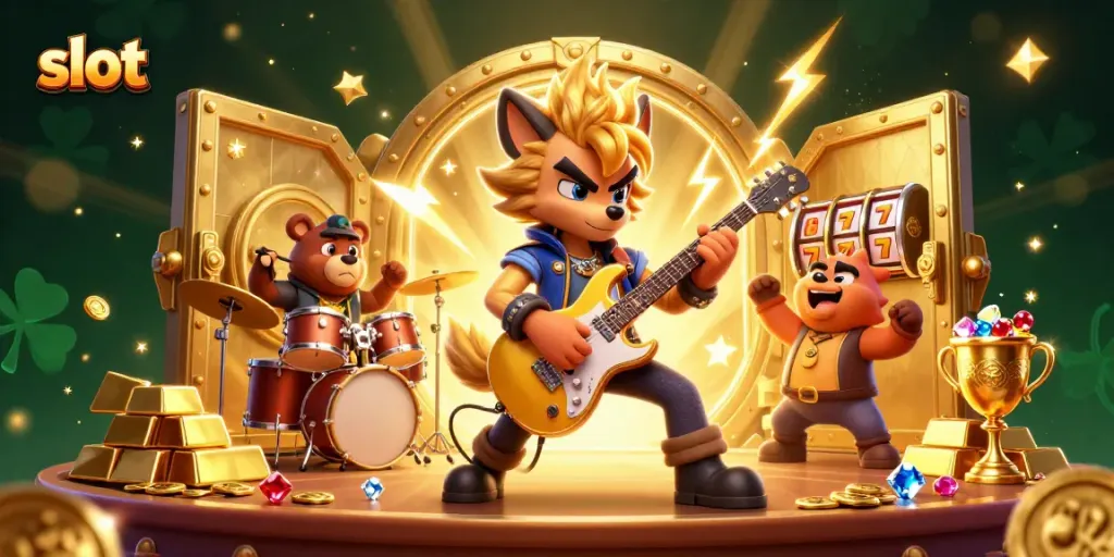 Slot yang menyenangkan ditampilkan dengan grafis 3D lucu seperti rock star serigala dan beruang drummer di kasino.