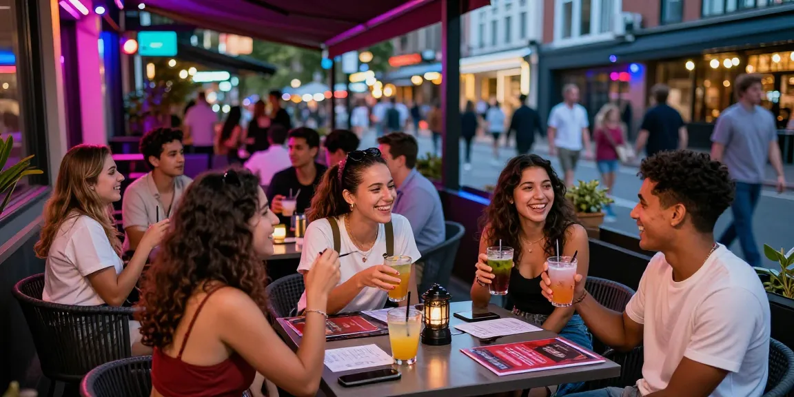 Exciting vibe of an opi site nightlife scene with diverse group enjoying drinks and vibrant atmosphere.