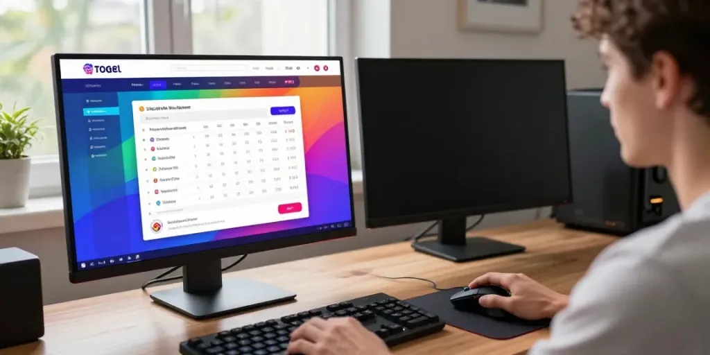 User engaging with HARGATOTO platform showcasing harga toto on dual monitors and smartphone.