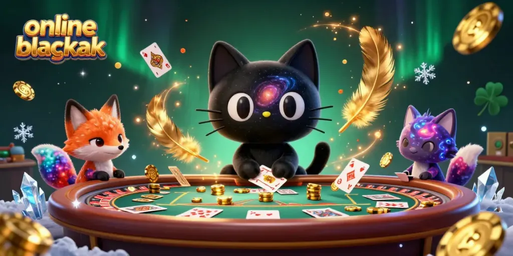 Join the cosmic excitement of online blackjack with a black hole cat and nebula fox in a vibrant casino scene.