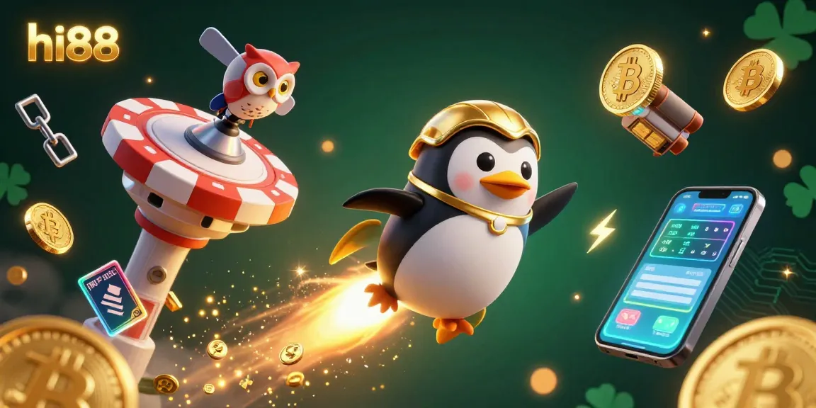Join the excitement at hi88 with a golden penguin soaring towards a casino space station amidst glowing cryptocurrencies.