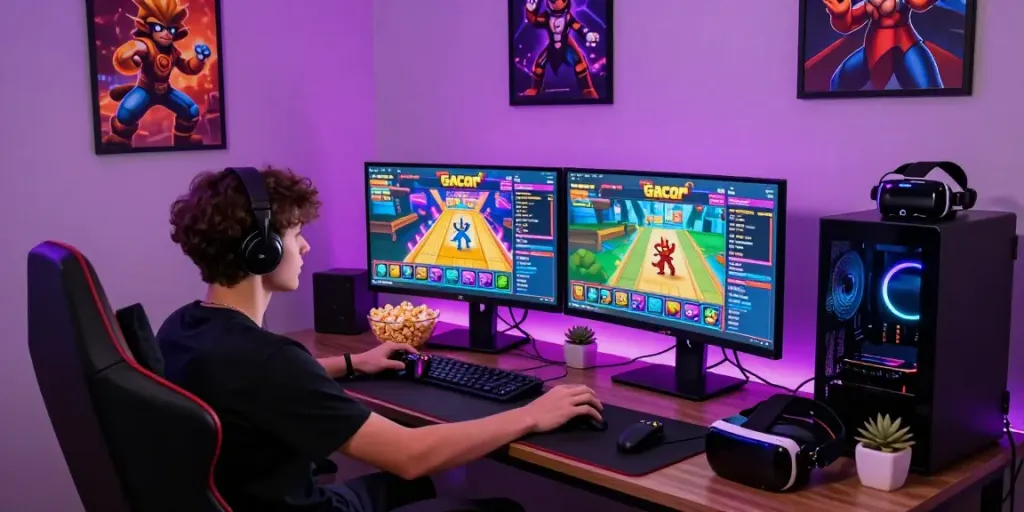 Engaged gamer enjoying a thrilling slot gacor experience in a vibrant game room.