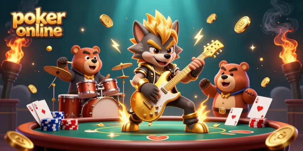Engage in poker online with an electrifying scene featuring a rock star wolf.