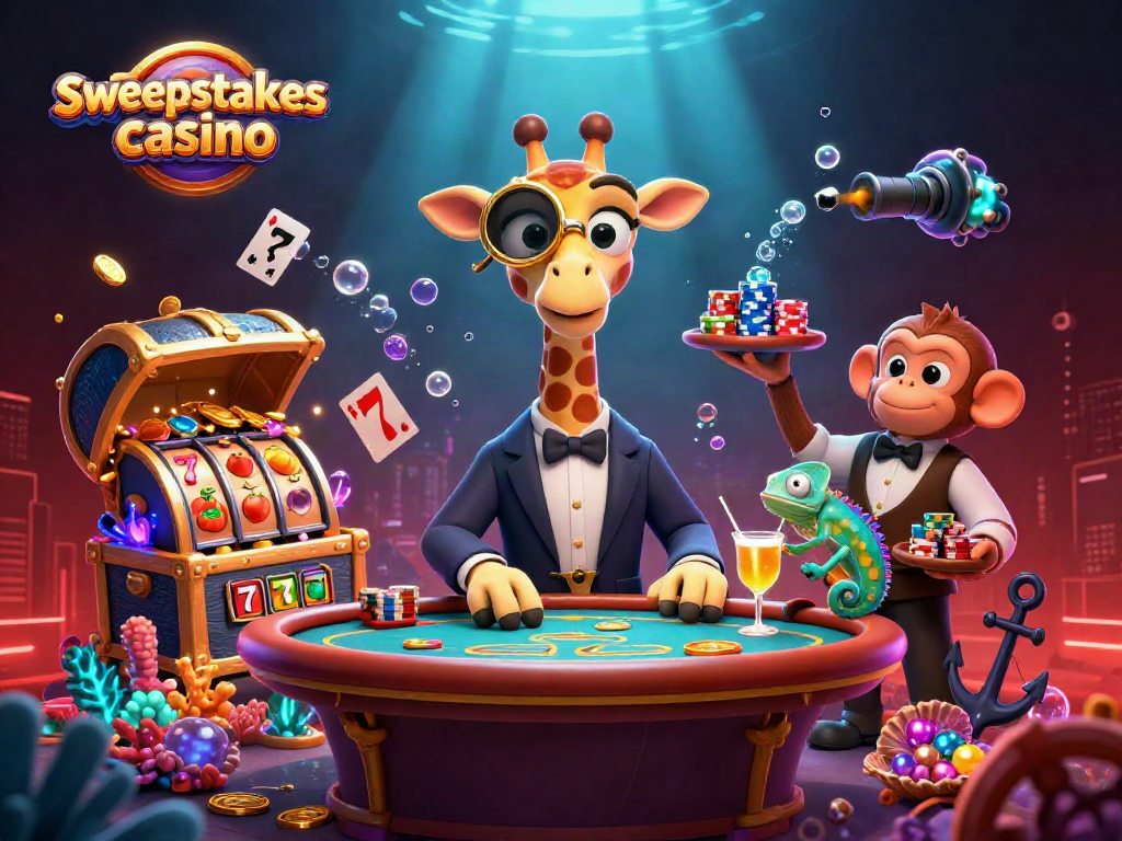 Engage in a sweepstakes casino adventure with a high-roller giraffe and lively gaming elements.