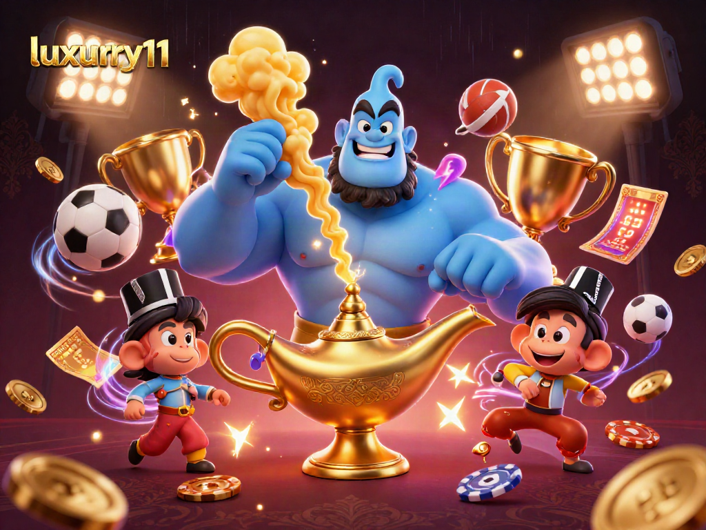 Experience luxury111 with a dynamic 3D casino scene featuring sports elements and a magical genie.