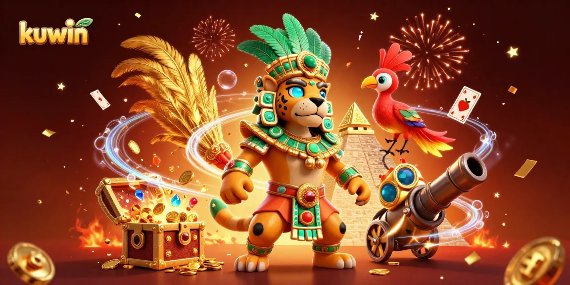Kuwin's vibrant 3D illustration showcases a Mayan jaguar priest with gaming elements, promoting an engaging casino experience.