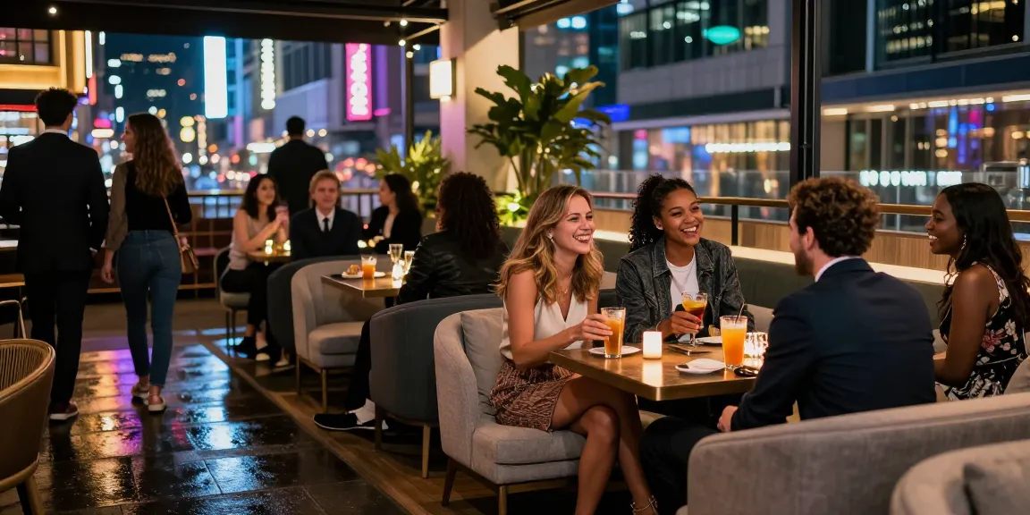 Friends experiencing a lively night out at an opi-site, vibrant city backdrop showcasing urban entertainment.