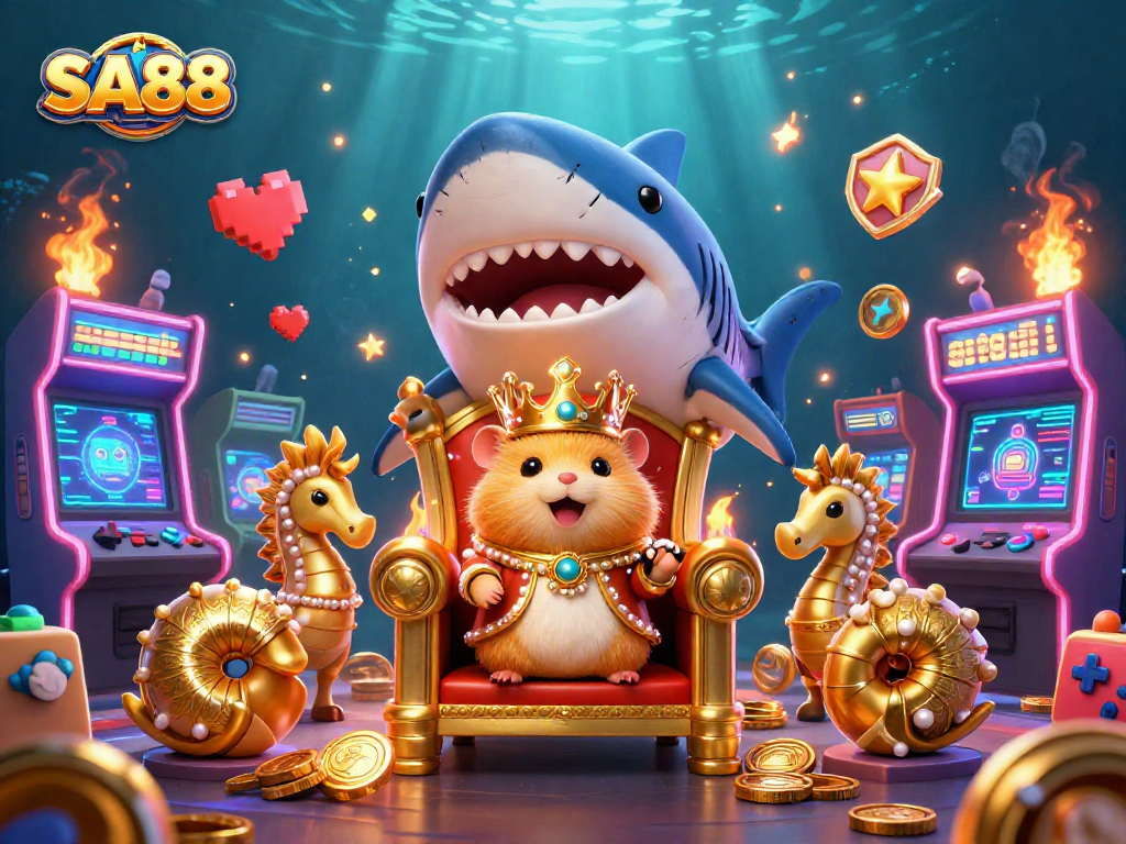 Experience exciting gambling with SA88 in this vibrant underwater casino scene featuring a hamster king.