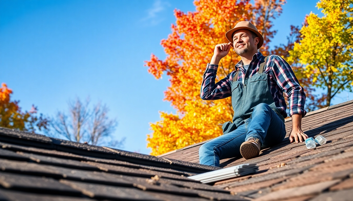 Expert services in roofing twinsburg ohio showcased by a contractor inspecting roofs during autumn.