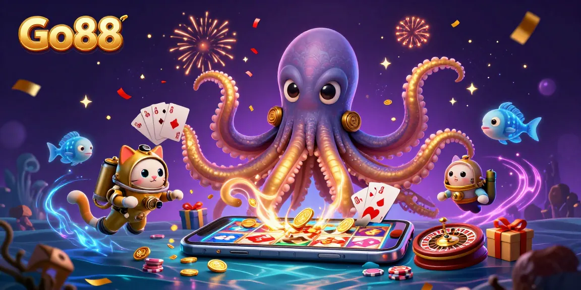 Experience excitement with Go88's colorful slot game amidst a kraken and diving cat in dynamic 3D scene.