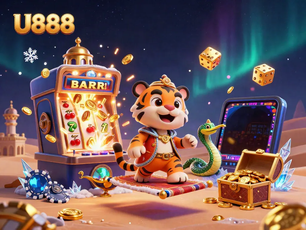 Experience excitement at U888 with a magical 3D casino adventure featuring slot machines, treasure chests, and a tiger sultan.