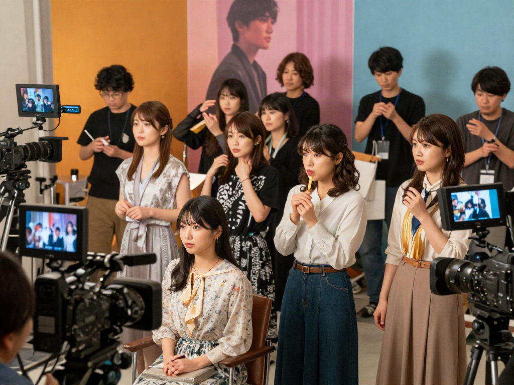 日本AV拍摄现场，女演员与道具及设备交互，展现多样化的情感和场景。