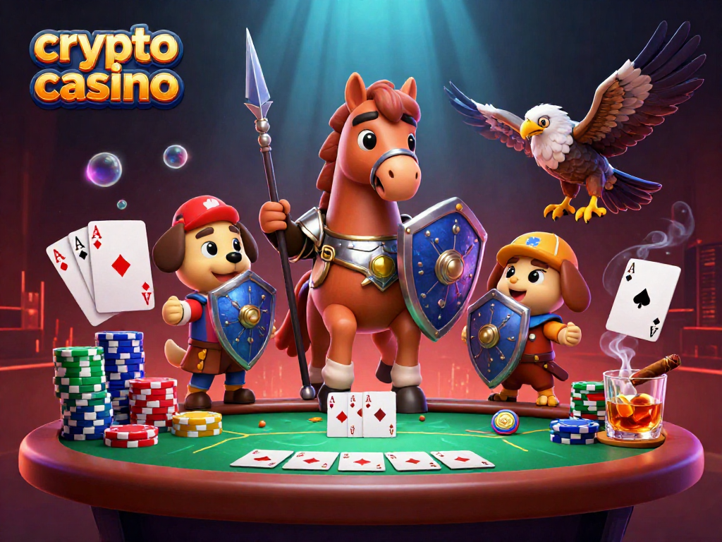 Jouez au crypto casino avec des personnages fantastiques entourés de jeux de poker et de pièces.