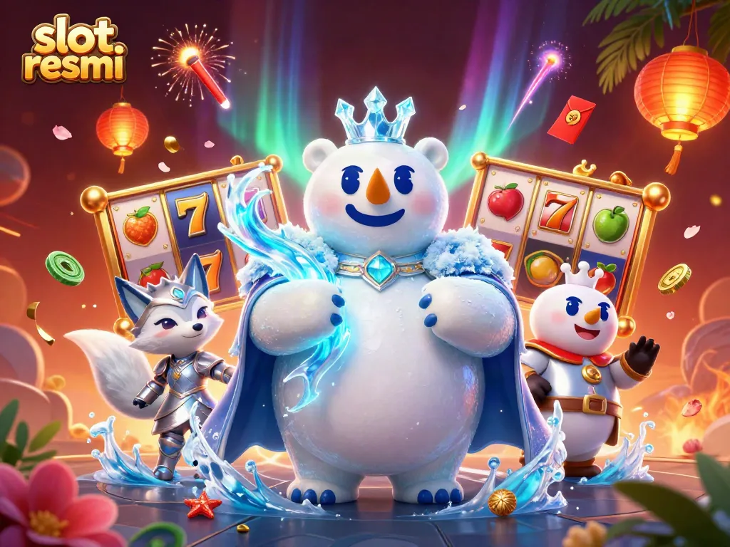 Engage in thrilling games at slot resmi with vibrant 3D visuals and exciting slot symbols surrounding the characters.