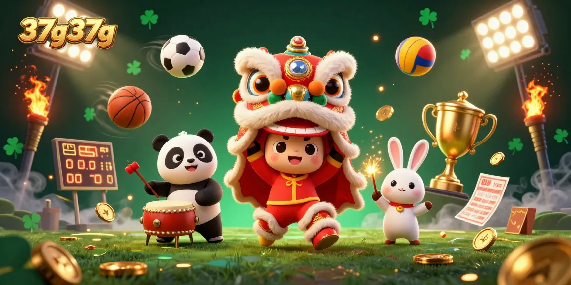 Engage with the vibrant 37g37g casino scene featuring animated characters, sports elements, and festive visuals.