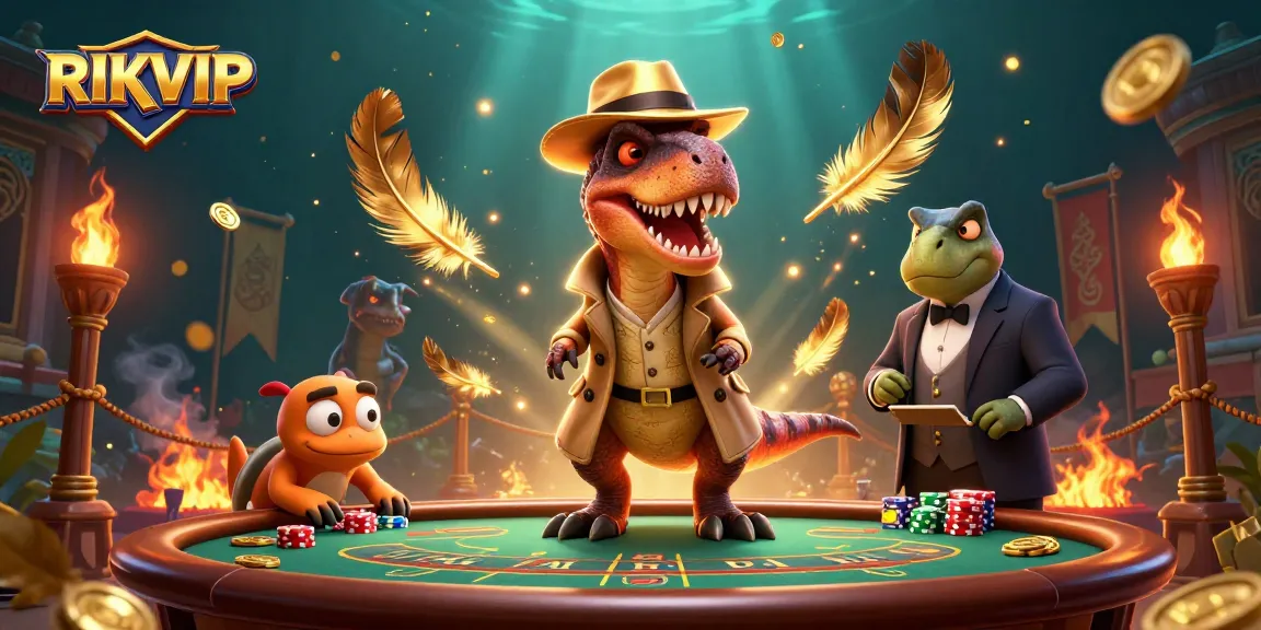 RIKVIP velociraptor card counter at a blackjack table surrounded by casino elements and a playful atmosphere