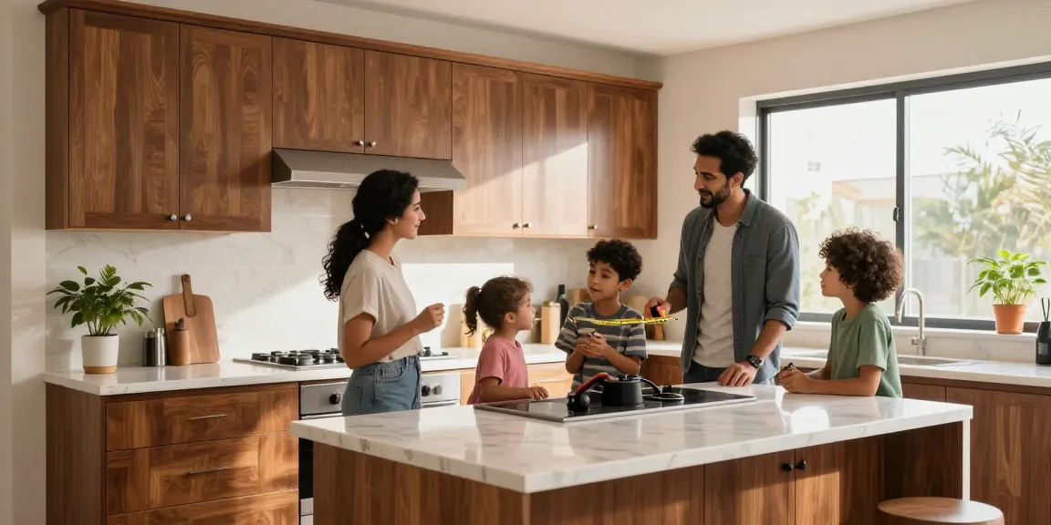 شراء مطابخ مستعملة بالرياض in a bright kitchen setting with family evaluating features.