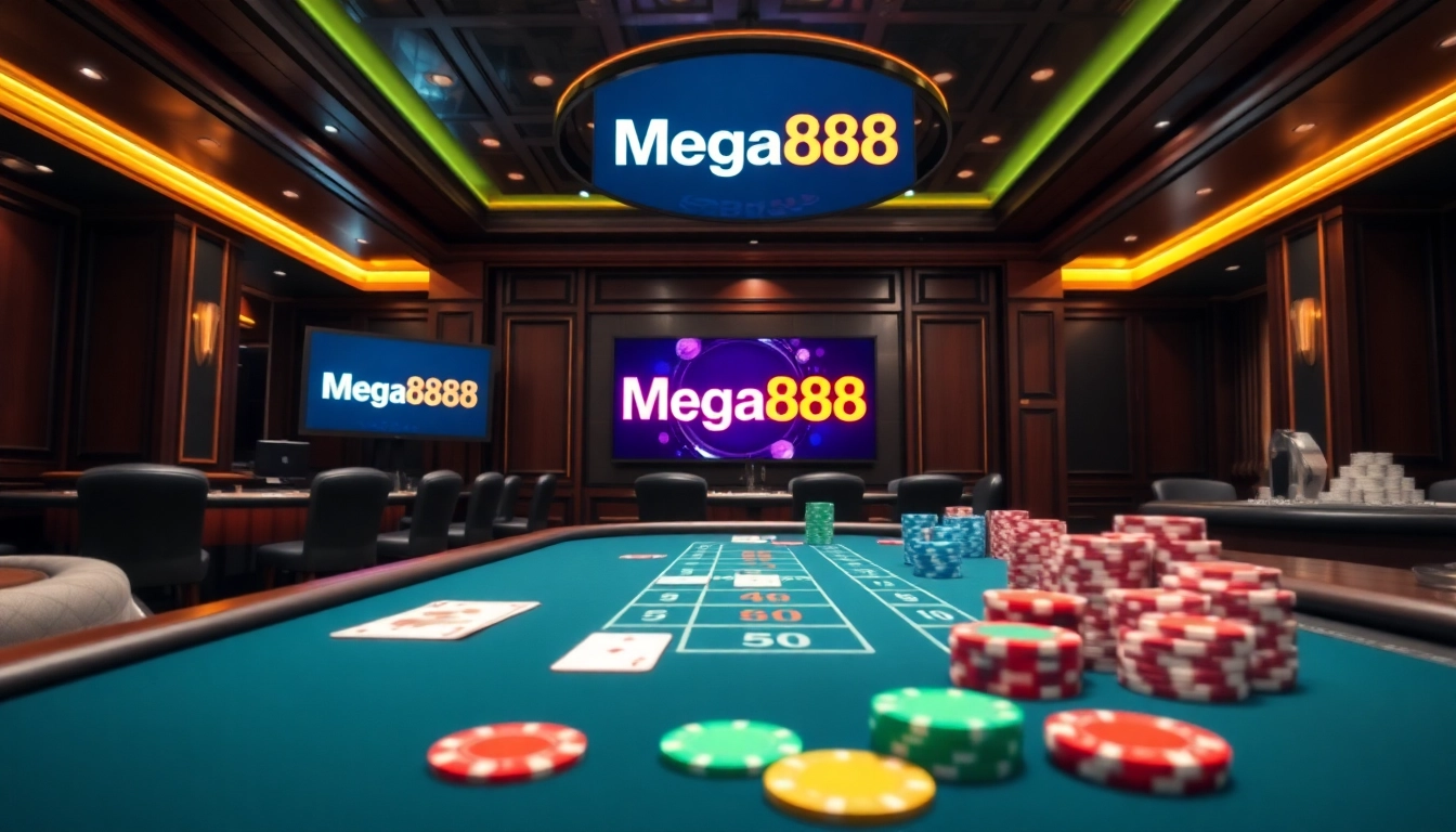Panduan pemasangan Mega888 yang menunjukkan suasana kasino yang meriah.