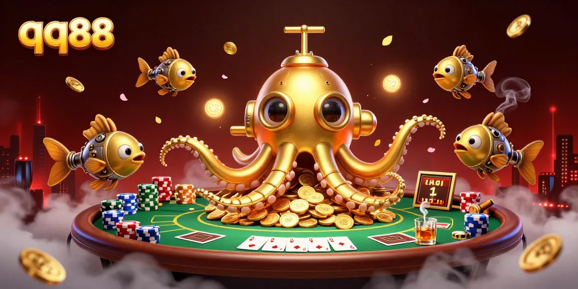 Engage in thrilling gameplay at qq88 with vibrant 3D casino illustration showcasing poker elements and a golden kraken submarine