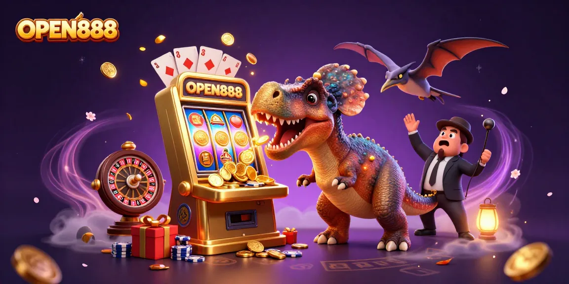 Experience OPEN888's exciting jackpot action with a dinosaur and a golden slot machine!