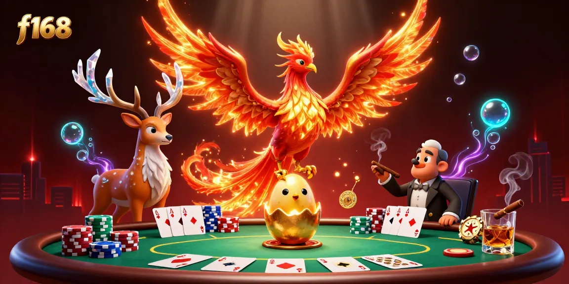 Engage with immersive f168 gameplay featuring a phoenix and poker elements in a vibrant casino scene.