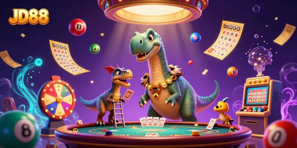 JD88 offers a vibrant 3D casino scene with a dinosaur dealer engaging players.