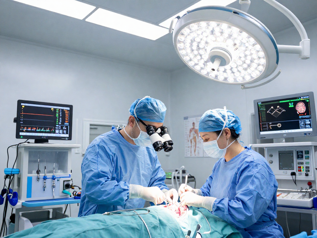 Experts performing beyin tümörü ameliyatı in a state-of-the-art surgical environment with advanced technology.