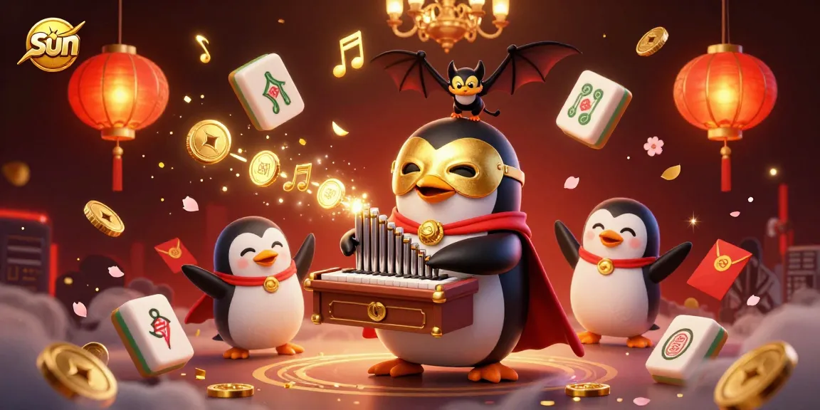 Sun-themed casino artwork showing a penguin and bat amid magical elements for gambling excitement.