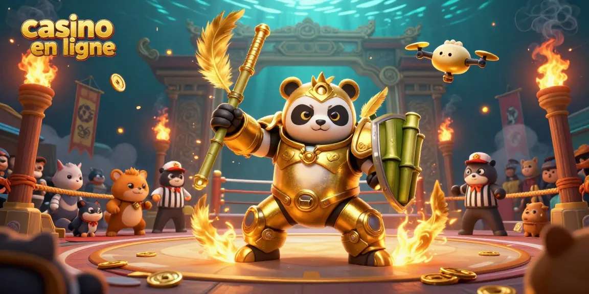 Illustration dynamique du panda doré en combinaison mech, représentant le casino en ligne avec des éléments de jeu exclusifs.