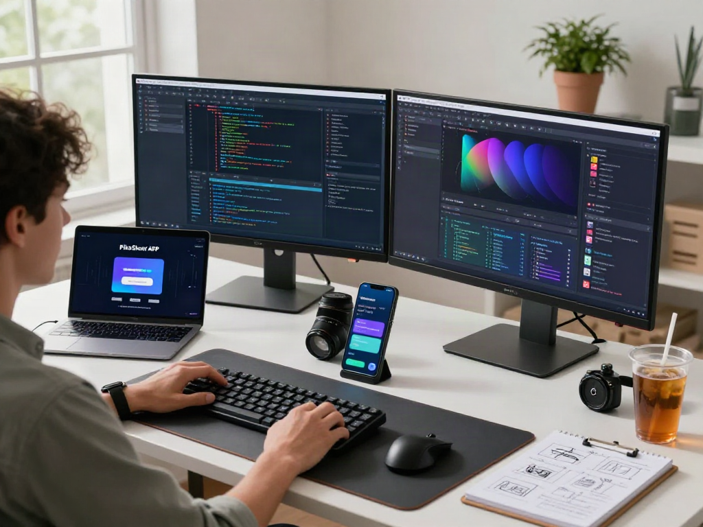 PikaShow APK interface displayed on modern tech workspace setup
