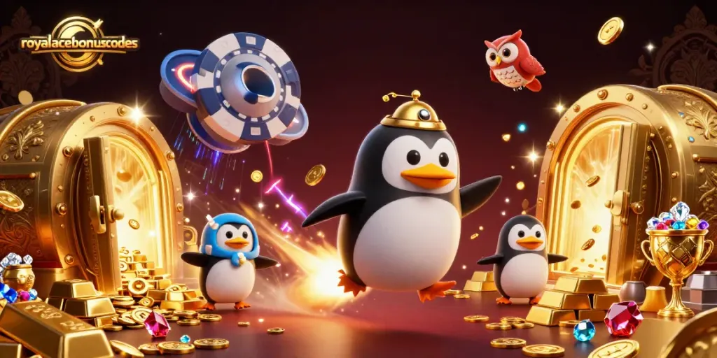 Watch the royalacebonuscodes igniting excitement with a golden penguin blasting through a cosmic casino!