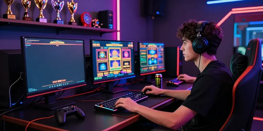 Situs slot gacor gaming session with colorful graphics and a focused gamer.