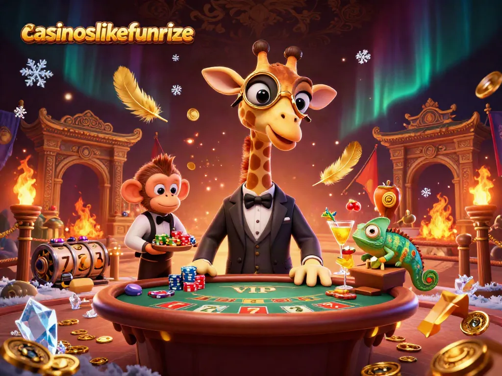 Play exciting games at casinoslikefunrize with a high-roller giraffe, chips, and vibrant casino elements.