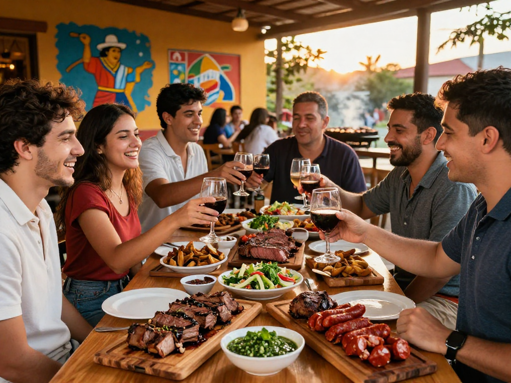 Best parrillada argentina near me with friends enjoying grilled meats and vibrant atmosphere.