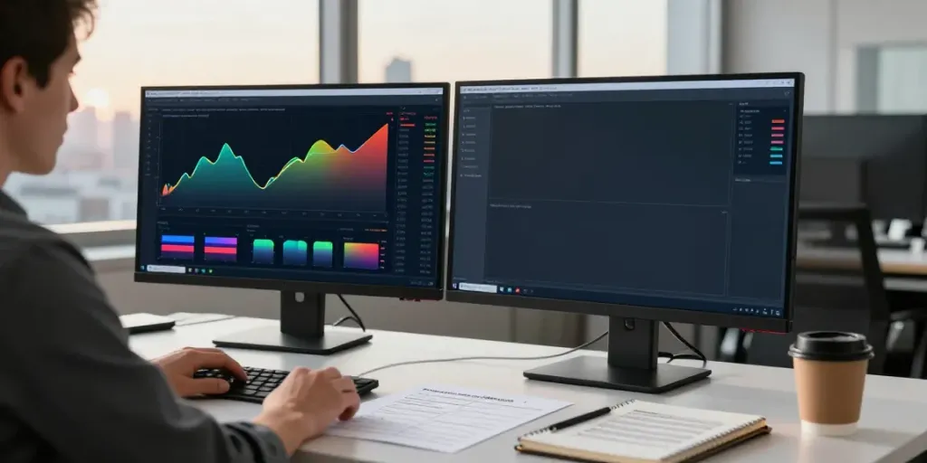 Trader using MetaTrader 5 analyzing financial markets at a modern workspace.