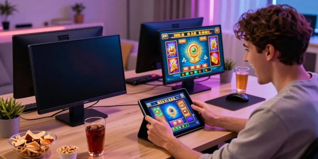 Exciting moment playing slot thailand games on a tablet with vibrant graphics and celebratory atmosphere.