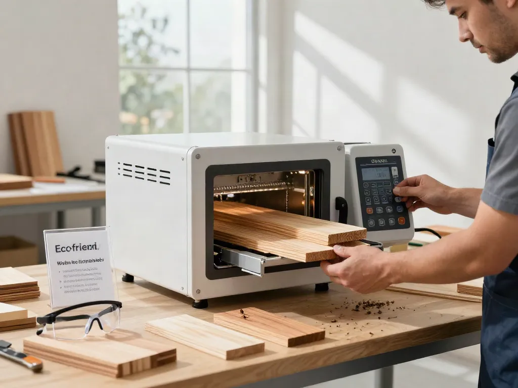 SHASHEL® microwave equipment effectively treating wood for insect elimination in a bright workshop.