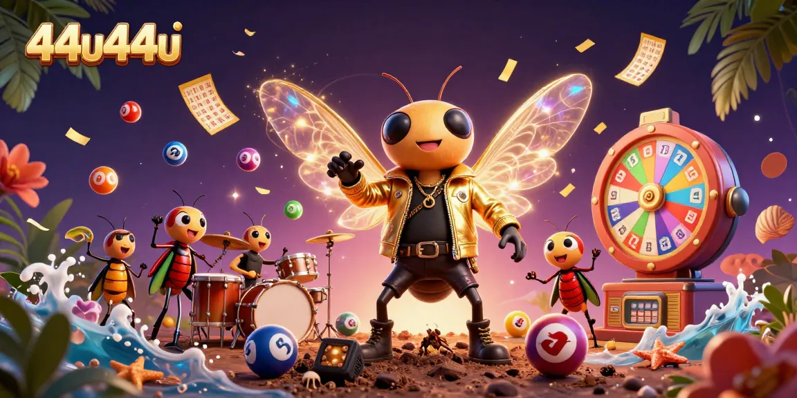 Join the exciting world of 44u44u as a cartoon cicada rock star celebrates lottery thrills amidst vibrant game elements.