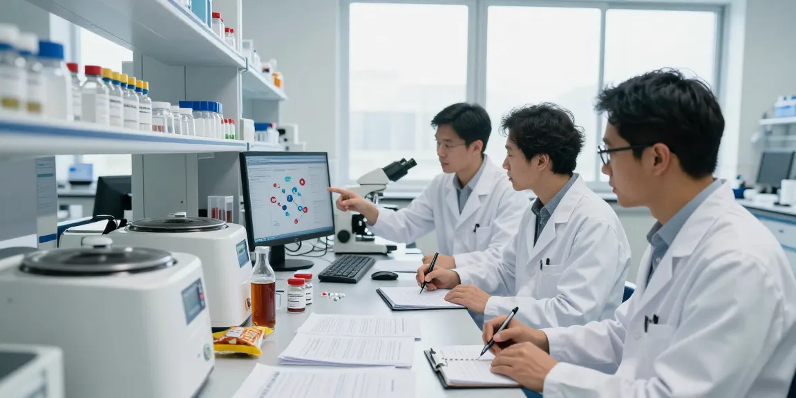 Scientists analyzing research-grade tirzepatide in a bright laboratory setting.